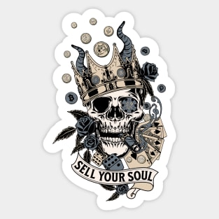 Sell Your Soul! Or don't? A Vintage Smoking Skull with Money, Playing Cards, Dice, Horns, Crown and Roses. Sticker